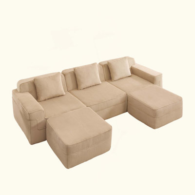Canapé modulaire modulaire à 3 places en forme de U sans os, canapé modulaire Cloud avec assise profonde, canapé modulaire moderne à 3 places avec coussins décoratifs et 2 repose-pieds amovibles, tissu en velours côtelé