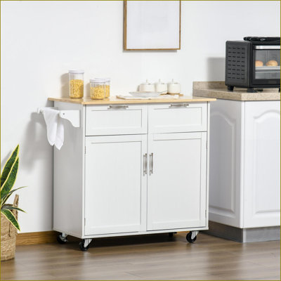 Îlots de cuisine, plateau moderne avec rangement en bois d'hévéa 41 po HOMcom, blanc neige | blanc | bois d'hévéa