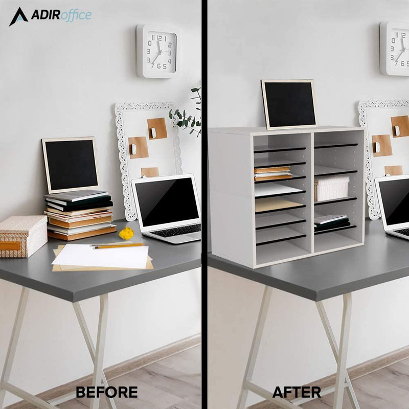 Wood Adjustable 16 Compartment File Storage Sorter Literature Organizer, White