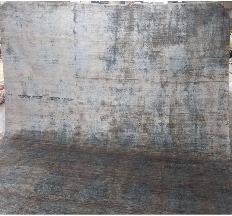 Rumi Damask Hand-Knotted Silk Steel Blue/Brown Area Rug, Rectangle 9'10" x 13'3"