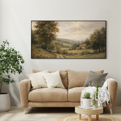 Très grand art mural imprimé sur toile - Chalet de campagne rétro avec sentier sinueux et arbres pour le salon ou la chambre à coucher - «Assemblage requis du cadre (cadre non fini)»