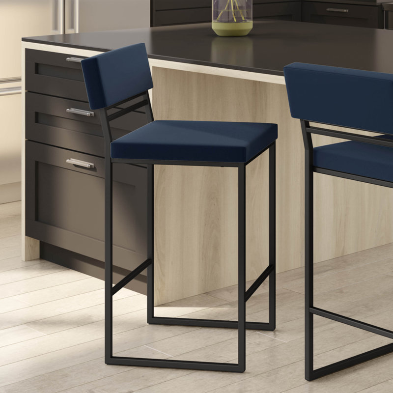 Tabouret de bar et de comptoir Abshir, Tabouret de comptoir (siège d'une hauteur de 26,7, Polyuréthane bleu, Noir