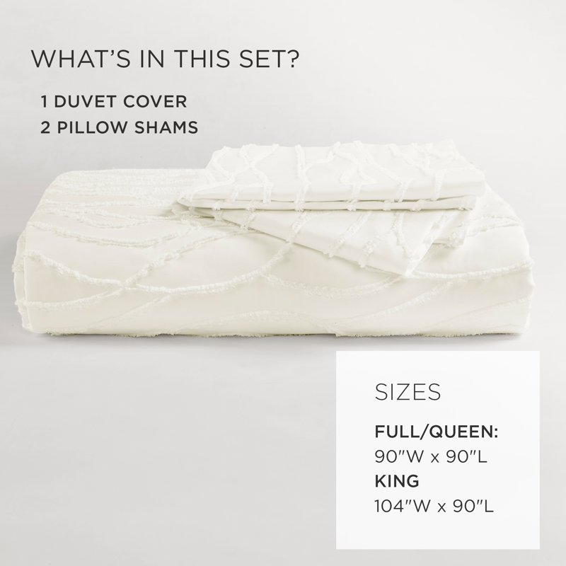 Jacquard Wave Duvet Cover Soft White 3Pc Set, King Duvet Cover + 2 King Shams