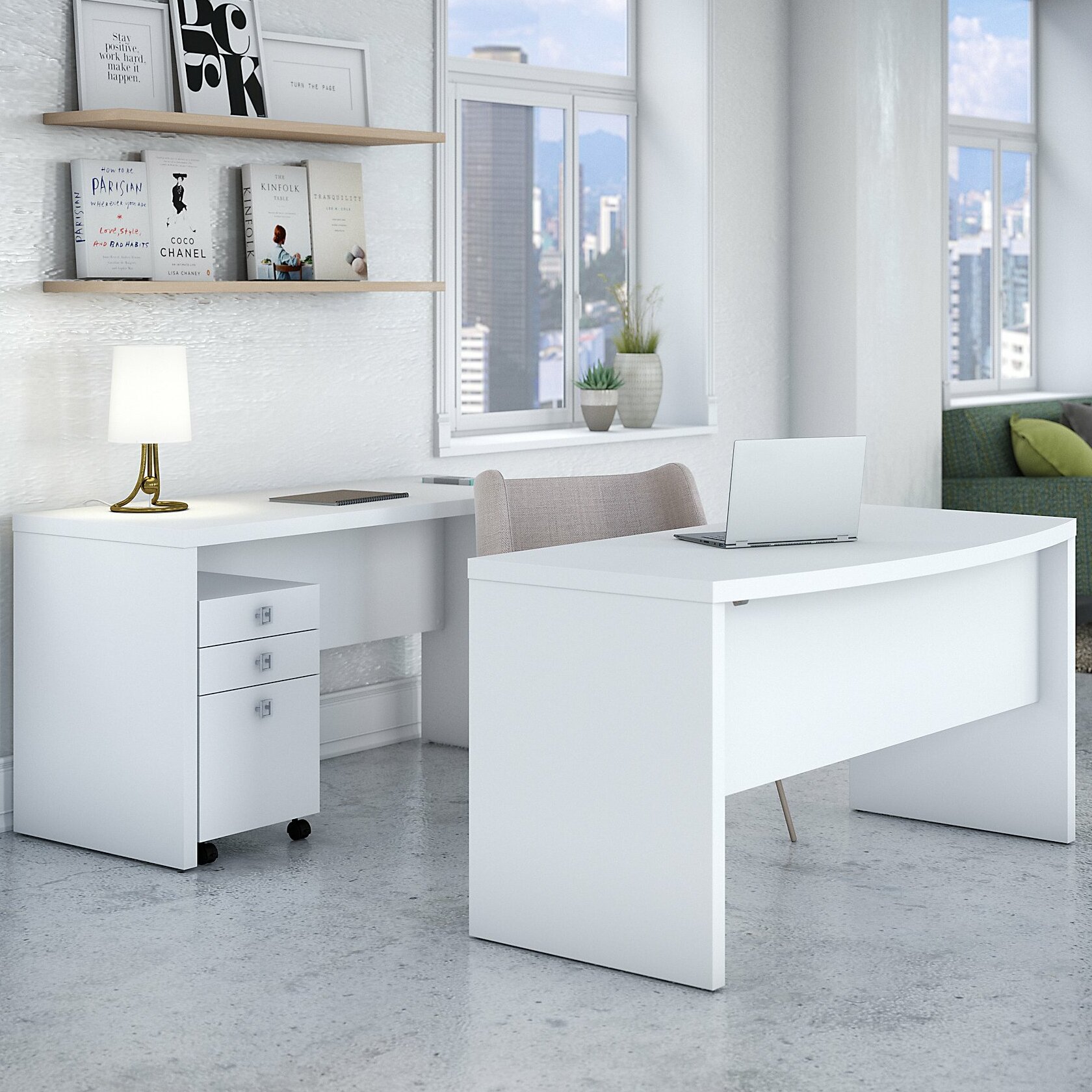 70.9 Modern Wooden Desk White Home Office Desk with Filing Cabinet