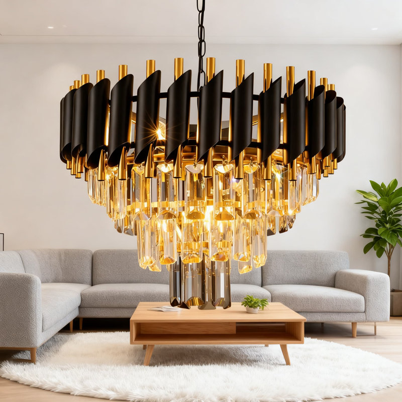Lustre en cristal moderne avec fonction à intensité variable, plafonnier encastré à 7 lumières, conception à 4 niveaux de gouttes de pluie pour la salle à manger, le salon, la cuisine, l'entrée et le vestibule