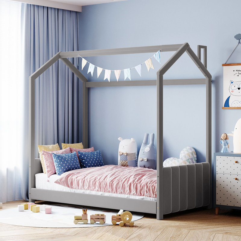 Velvet House Bed Wood Bed(Old SKU: LP000125AAA), Grey, Twin