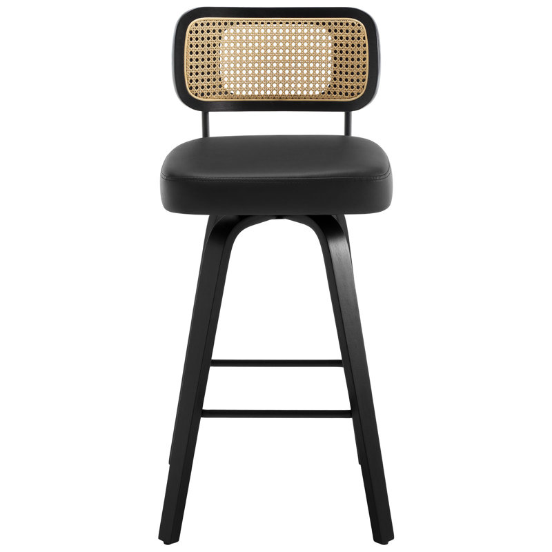 Black Swivel Counter Stool with Rattan Back and Leather Seat