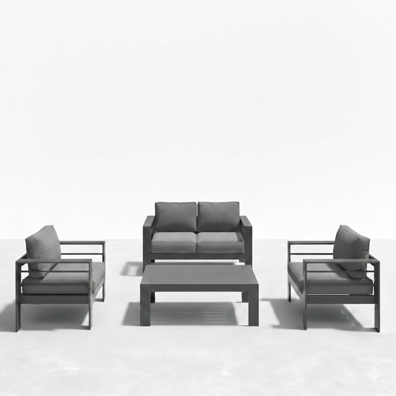 4-Piece Modern Aluminum Patio Conversation Set,  4-Seat Outdoor Sofa With  Thick Dark Gray Cushions & Gray Frame And Coffee Table