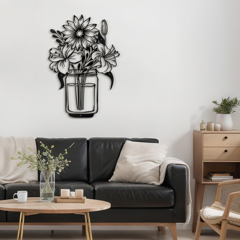 Fleurs en bouteille sculpture murale décorative abstraite moderne minimaliste, H 36 po x l 25,17 po x P 0,05 po, Noir