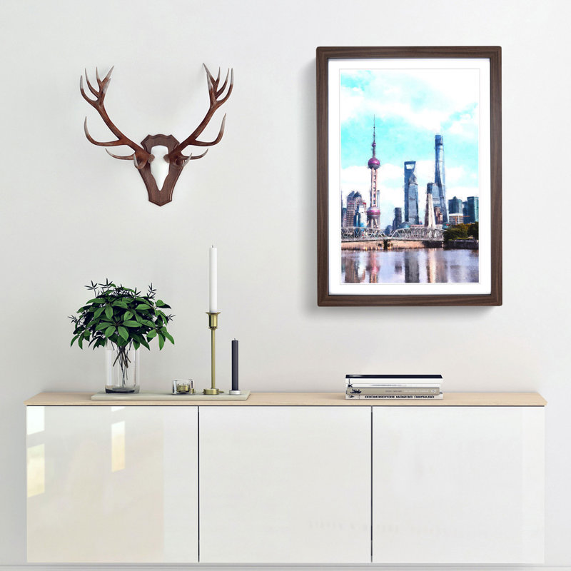 Shanghai Skyline Reflection - Picture Frame Painting Print, 63cm H x 45cm W x 2cm D, Walnut Framed