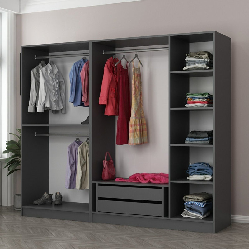 Modern Anthracite Wardrobe with Numerous Shelves, 88.6 x 74.8 x 20.5 inches | 100% Melamine Coated Particle Board, Thickness: 0.7 inches | Stylish Storage Solution for Bedroom & Closet Organization, Durable Design