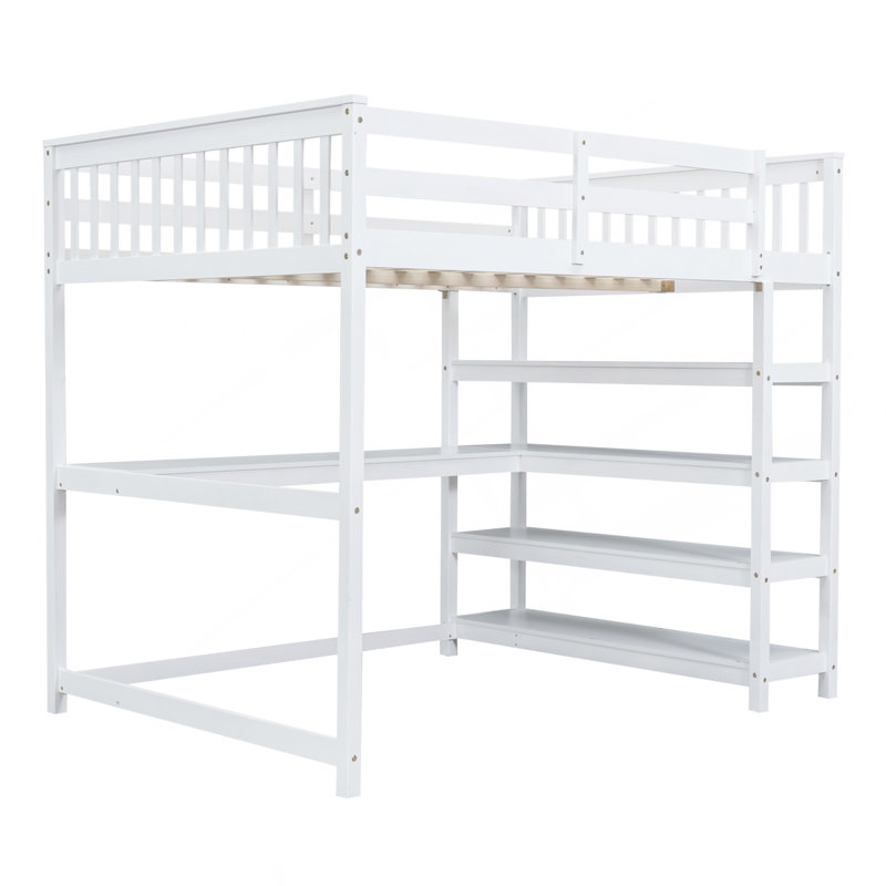 Lit mezzanine double avec tablettes de rangement et bureau sous le lit, blanc, Blanc