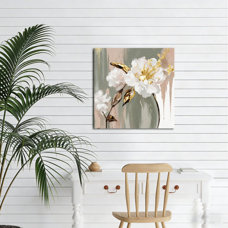 Pivoine blanche décorative dorée, art mural sans cadre, 16 x 16