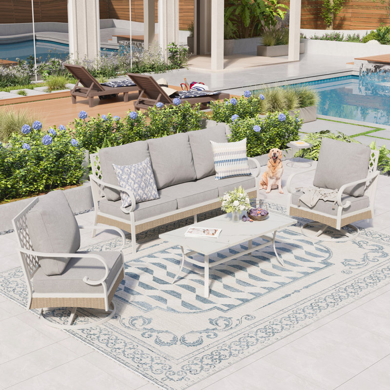 Tapasi 5 Person Outdoor Conversation Set with Swivel Lounge Chairs & Blue, Beige, Gray Cushion Options, Light Gray