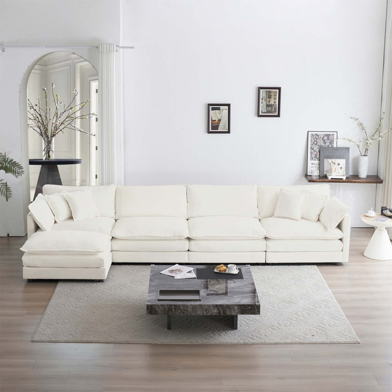 Canapé modulaire surdimensionné en L modulaire, Chenille blanche, H 33 po x l 146,5 po x P 35 po