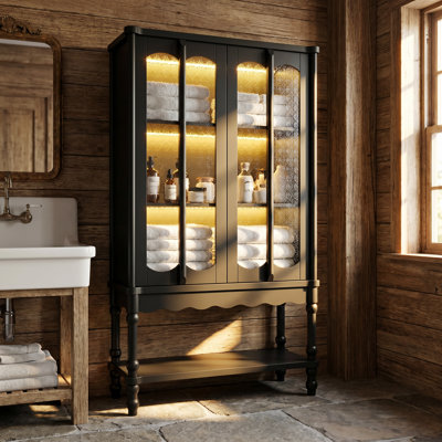 Bathroom Linen Cabinet With Begonia-Style Tempered Glass Doors And Rubber Solid Wood Legs