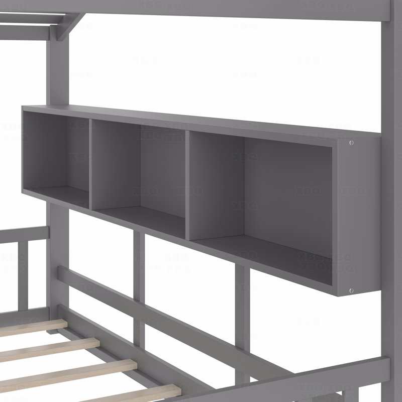 Lit, maisonnette pour tout-petits, Montessori pour enfants avec tablette de rangement, maisonnette avec toit, gris