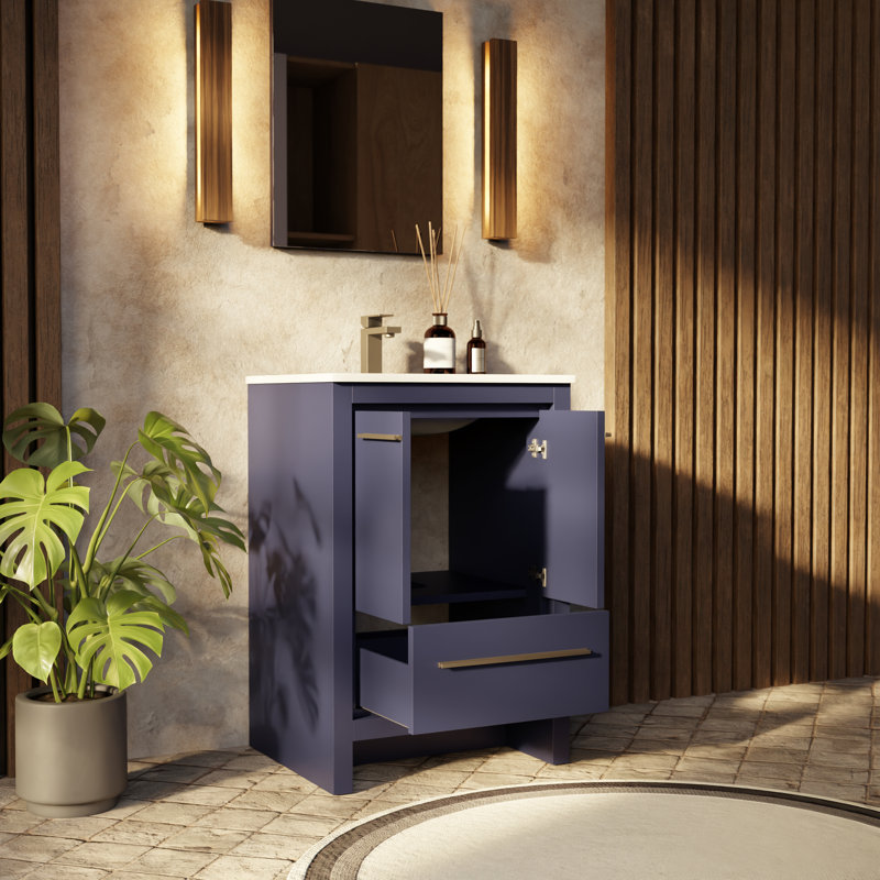 Meuble-lavabo bleu marine 24 po X P 20 po D, dessus en quartz blanc et robinet chromé, Chrome