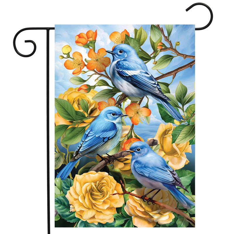 Drapeau de jardin Bluebirds and Roses, Oiseaux jaunes/bleus/verts