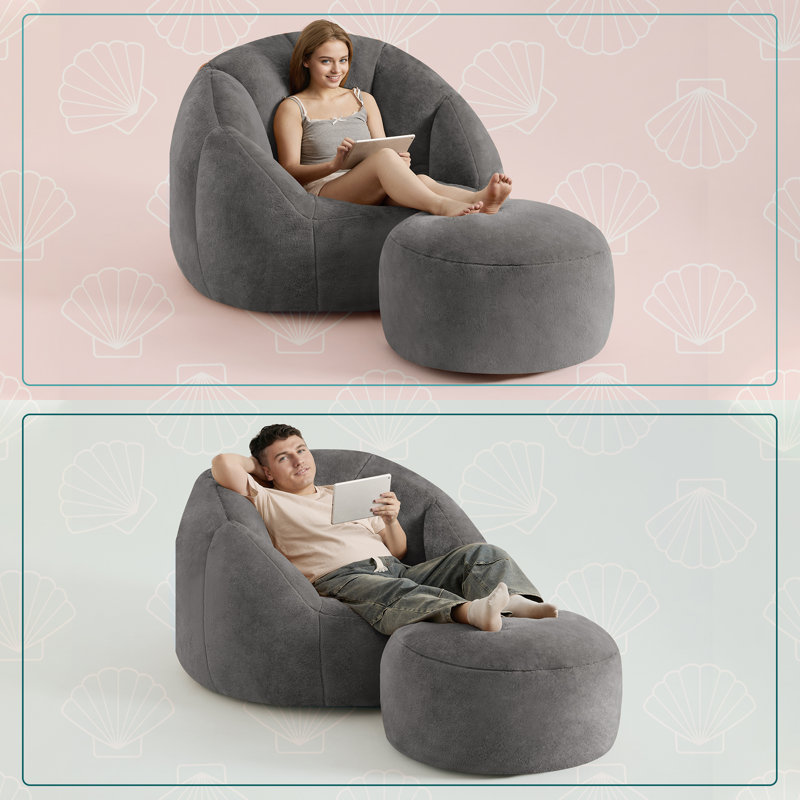 Compression Bean Bag Chair - with Ottoman, High Density Support Structure., Gray