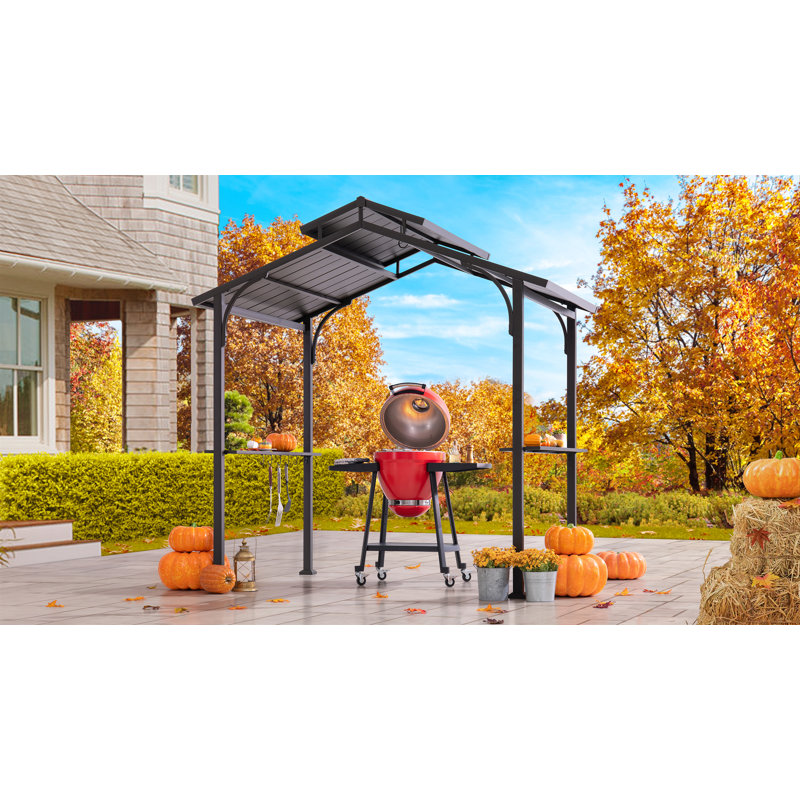 Sunjoy 5 ft. x 8 ft. Steel 2-tier Grill Gazebo Hardtop Brown Steel Frame Gazebo with Ceiling Hook and Shelves