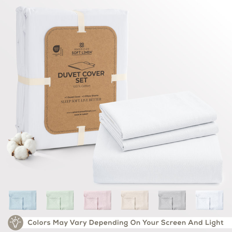 Ensemble de housse de couette 100% coton percale uni - Comprend 1 housse de couette et 2 taies décoratives, Blanc
