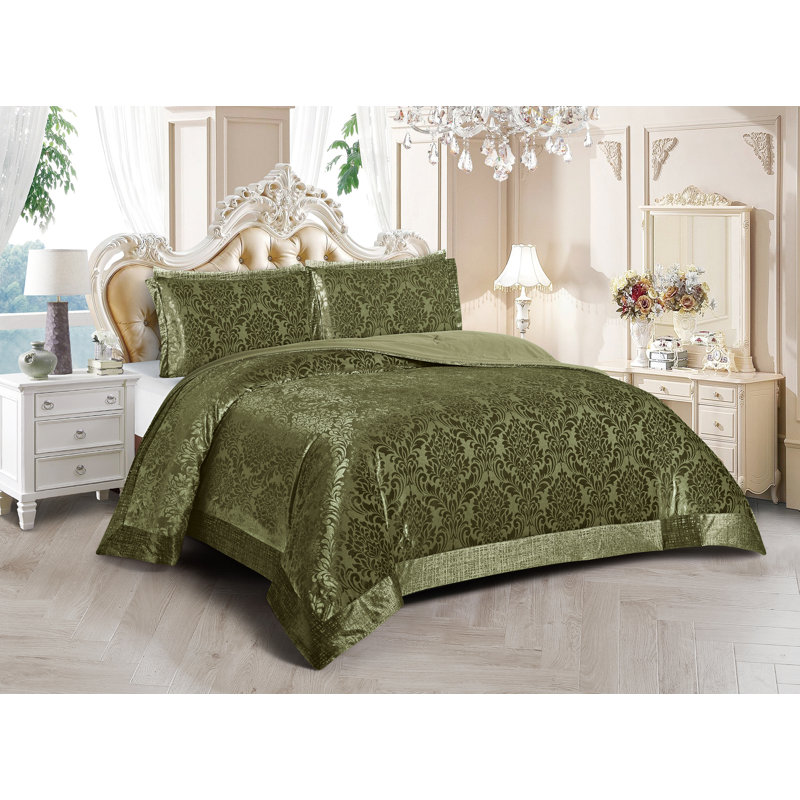 Velvet Damask Bedspread with Pillow Shams, King Bedspread + 2 Standard Shams, Green