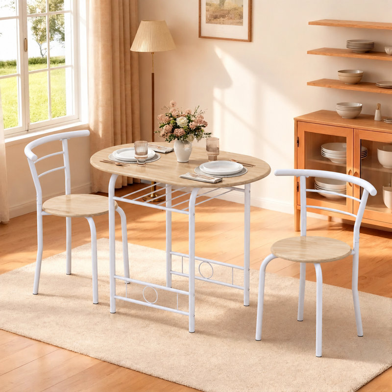 Ensemble de salle à manger 3 pièces, table de petit-déjeuner en bois avec 2 chaises à dossier incurvé et étagère de rangement sous la table, mobilier de salle à manger pour petits espaces, idéal pour les cuisines d'appartement.