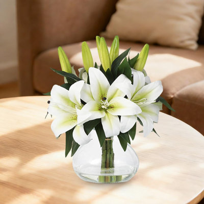 Realistic Silk Tiger Lily Stems with Glass Vase​ – Set of 6 Lifelike 13-Inch Artificial Flowers for Home Wedding Office Décor – Bendable Stems, No Maintenance, Ready-to-Display Centerpiece Bouquet