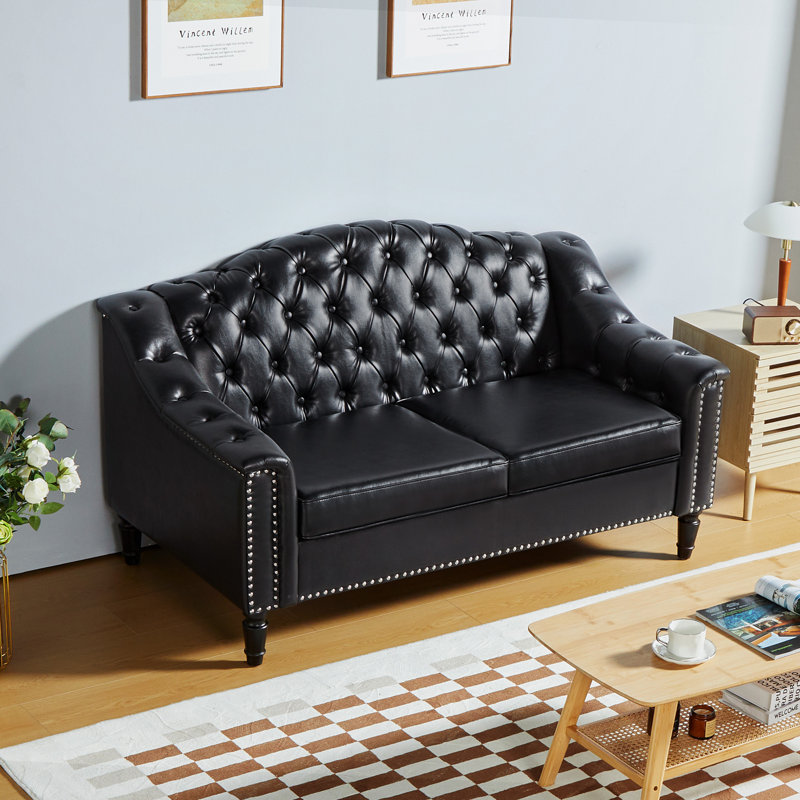 Leola 55.51'' Upholstered Loveseat, Black Faux Leather