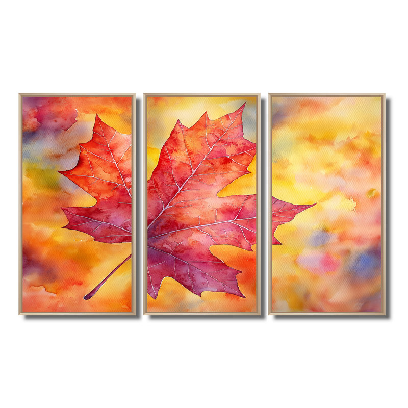 Feuille d'érable d'automne I - feuilles, art mural - 3 panneaux, H 32 po x l 48 po, Impression encadrée sans passe-partout