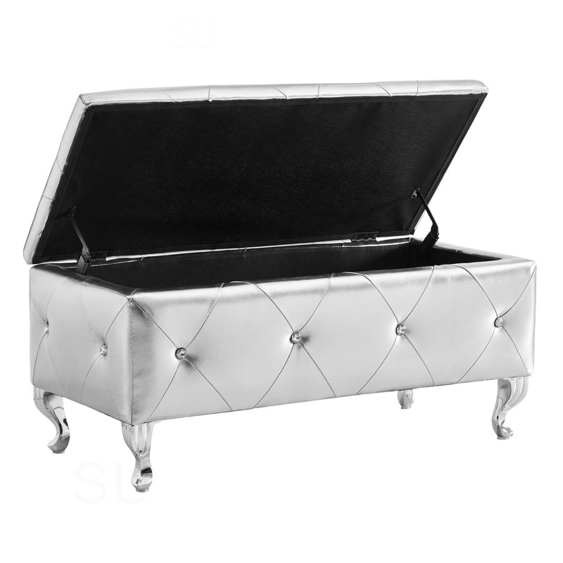 Juilianna Glam Modern Upholstered Storage Bench, Silver Faux Leather