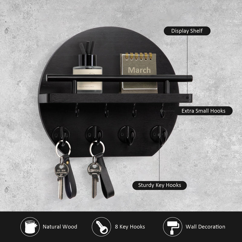 Manufactured Wood Wall Organizer with Key Hooks, Black