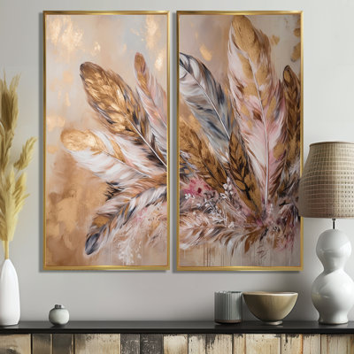 Plume dorée Boho Majesty - art mural 2 panneaux Glam Feather