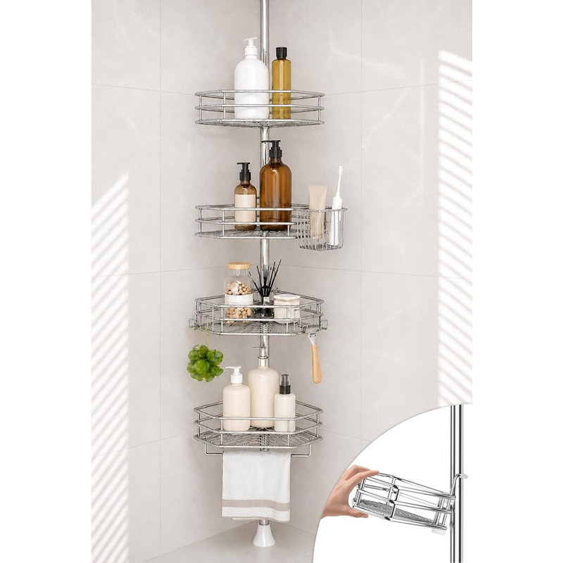 Barre de tension antirouille pour panier de douche en coin, organisateur de salle de bain à 4 niveaux avec étagères réglables pour shampoing, savon et articles de toilette