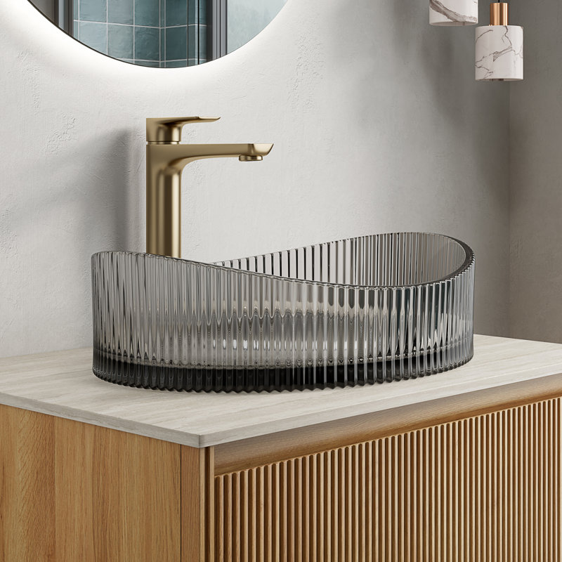 Lavabo de salle de bain LINA 20'' en verre cristal de forme Yuanbao, sans robinet, couleur noir transparent, Black