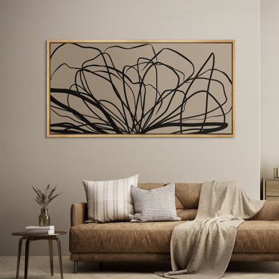 Abstract Botanical Line Art On Warm Beige Background Wall Decor - Large Framed Canvas Master Bedroom Wall Art Print