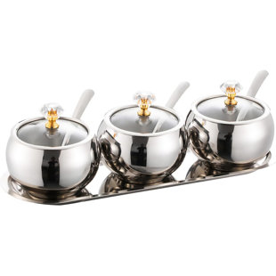 304 Stainless Steel Seasoning Containers Set, Condiment Jar Spice Container With Lid Spoon And Tray, Sugar Storage Organizers With 3 Serving Spoons