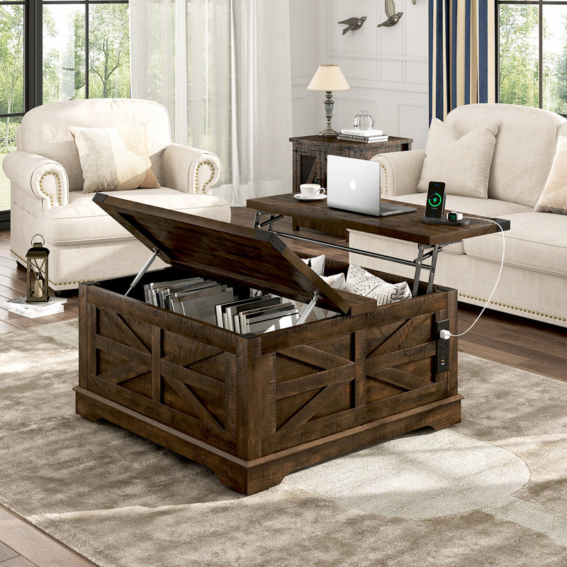 36" Farmhouse Movable Lift Top Coffee Table with Storage and Power Outlets, Square Wood Living Room Tables with Wheels and Large Hidden Space, Lift Wooden Barn Door Center Table