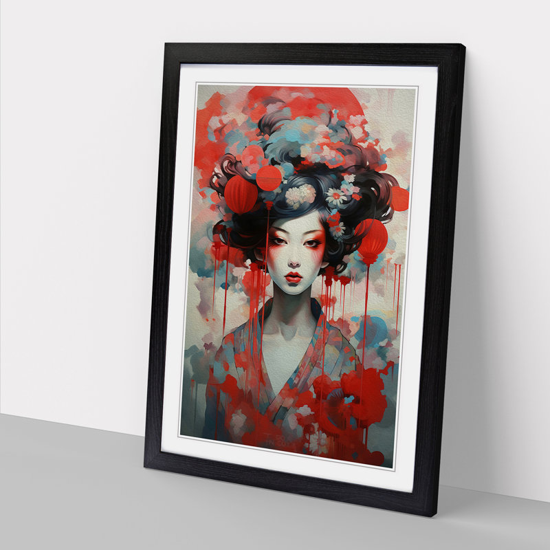 Geisha Dadaism Art - Framed Print, 46cm H x 34cm W, Black Framed