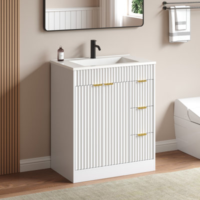 Modern 30" Single Bathroom Vanity With Sink Top,Freestanding Bathroom Sink Cabinet With 3 Dravers and Adjustable Shelves, Wood Grain Texture