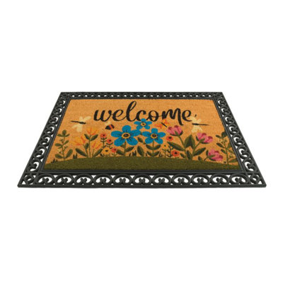 36x24 LED Lighted Natural Coir and Rubber Non Slip Outdoor Doormat with Weather Resistant Fiber and Decorative Rubber Border