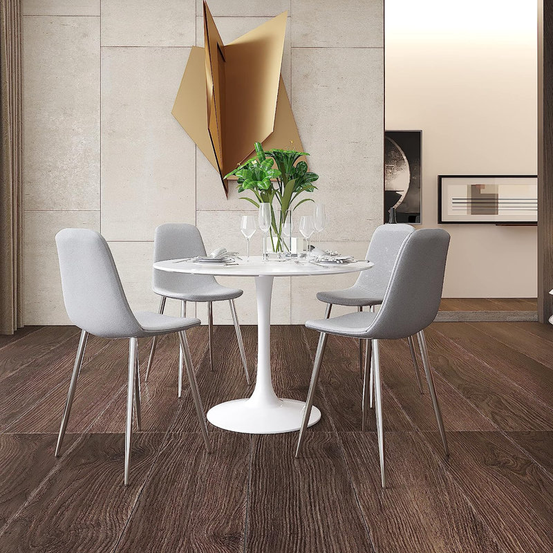 Kaydnce Upholstered Side Chair, Scoop-Back Curved Backrest, Foam Padded Seat w/Slim Legs, Chrome, Light Gray