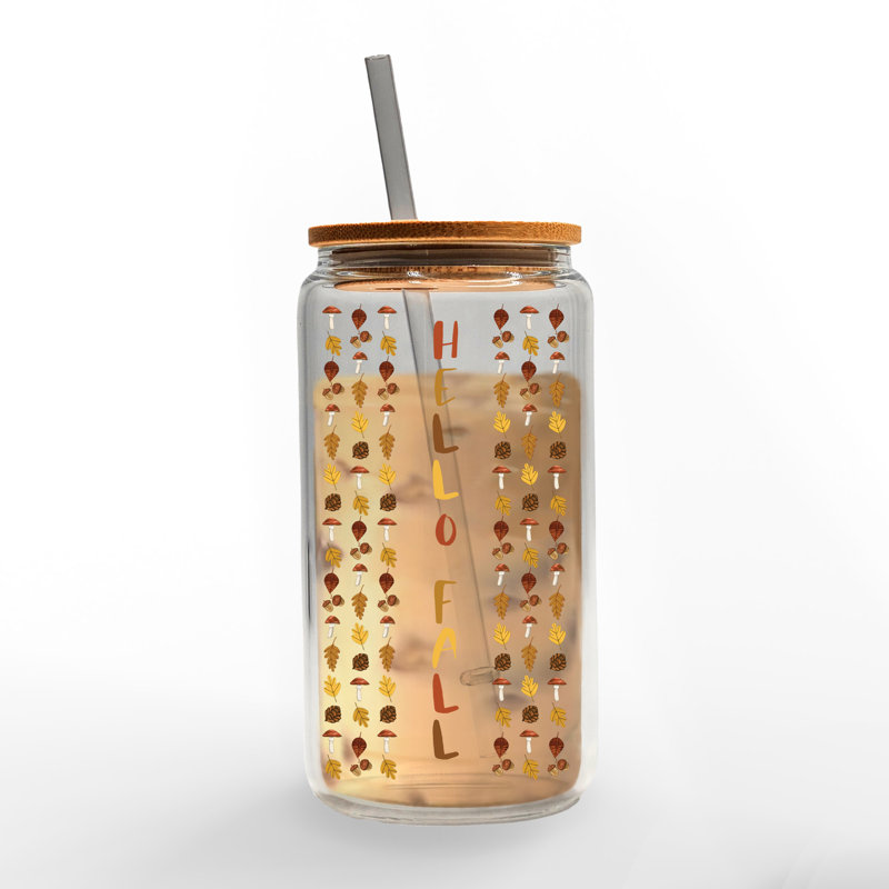 Hello Fall Leaf Border Glass Can Cup With Lid and Straw