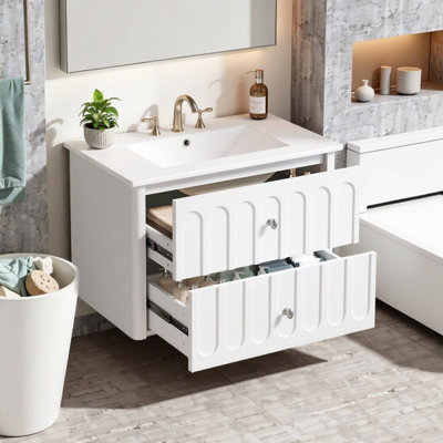 Single Bathroom Vanity with Ceramic Sink, Open Shelf, 2 Drawers