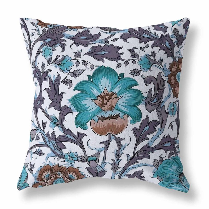 Coussin Mughal Era Garden Treasures Broadcloth, Blanc / lavande / aigue-marine, H 20 po x l 20 po