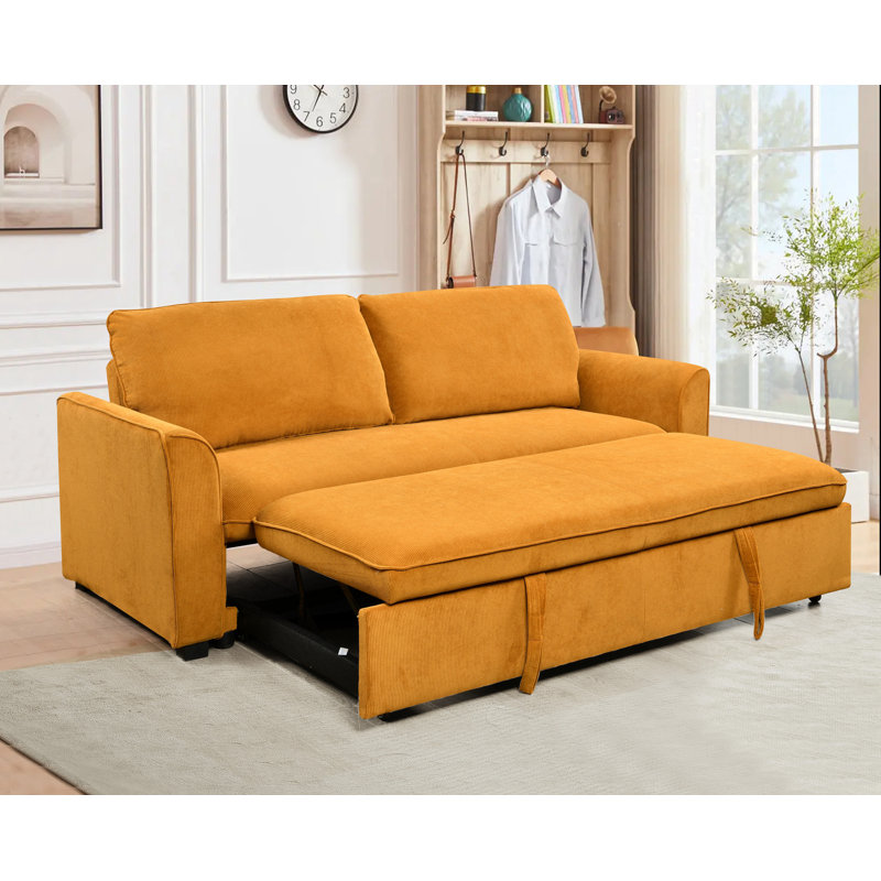 Canapé-lit convertible grand format à accoudoirs carrés de 78 po Tekeyla, Tissu jaune-brun, H 38 po x l 78 po x P 37 po