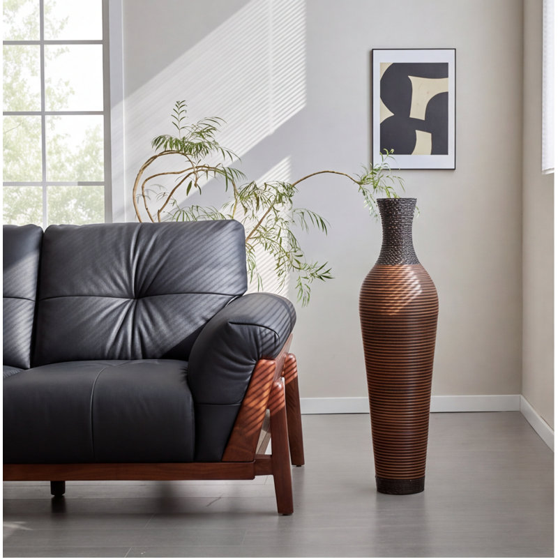 Vase de plancher en rotin en PVC tissé à la main de 39 po de hauteur, noir et gris, 5,5 po de diamètre