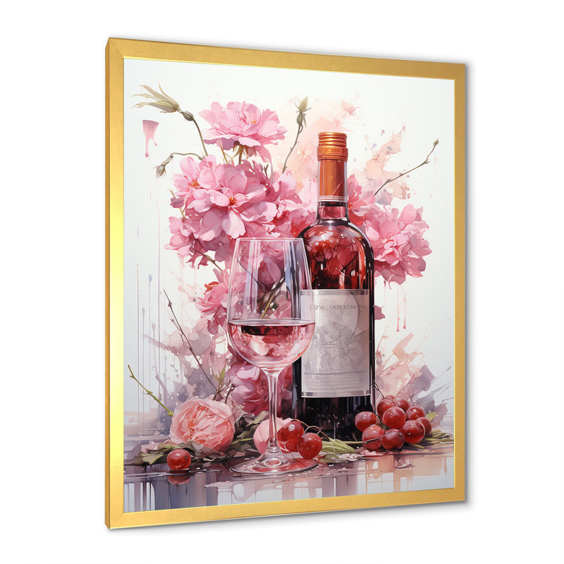 Serenity Pastel Pink Wine Blooms - Art mural vin, Cadre doré simple, H 20 po x l 12 po x P 1 po