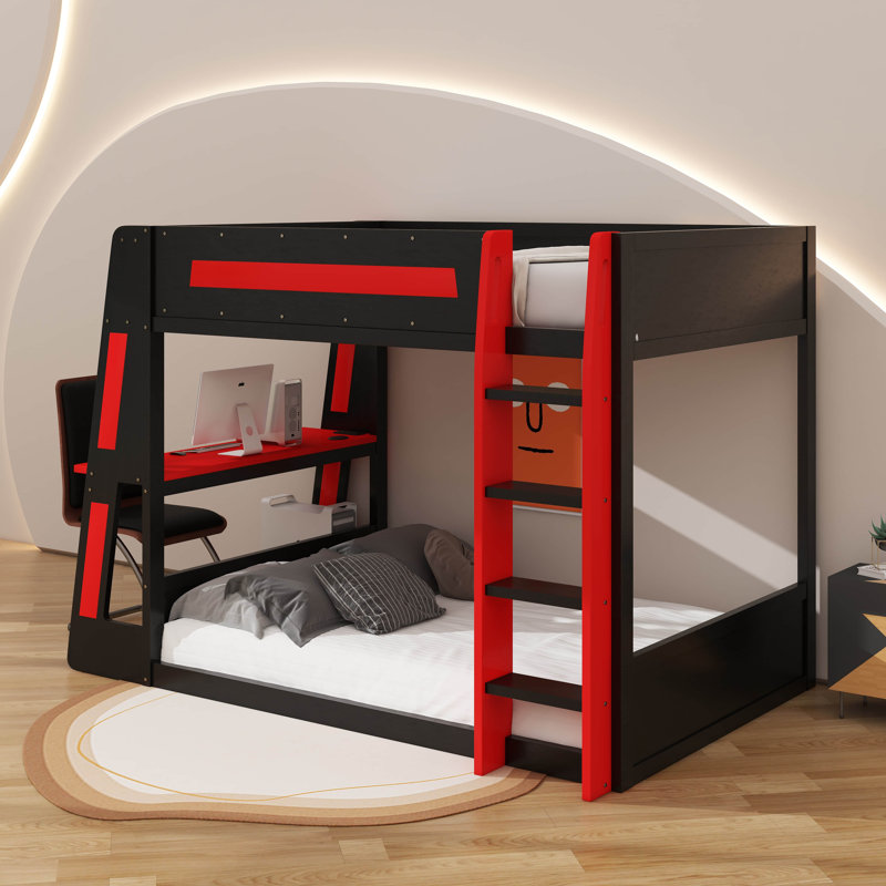 Full Size Wooden Gaming Bunk Bed With Desk, Shelves,USB And LED Light, Full, Black/Red